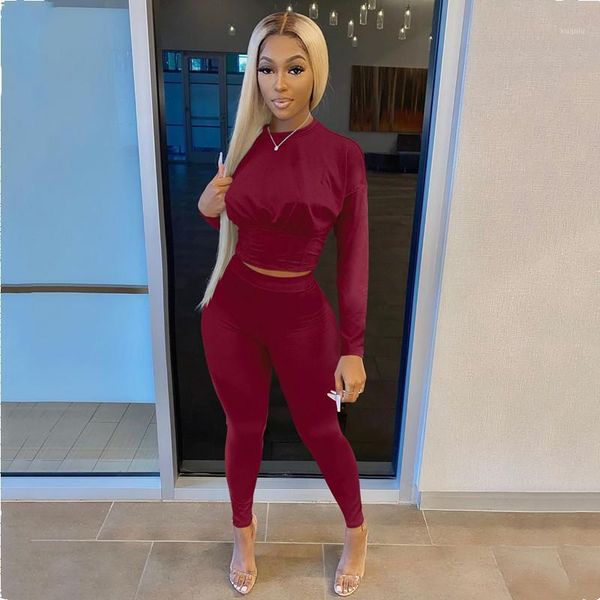 

women's two piece pants 2021 autumn winter women solid color sports suit fashion casual long sleeve crop and trouser two-piece set fall, White