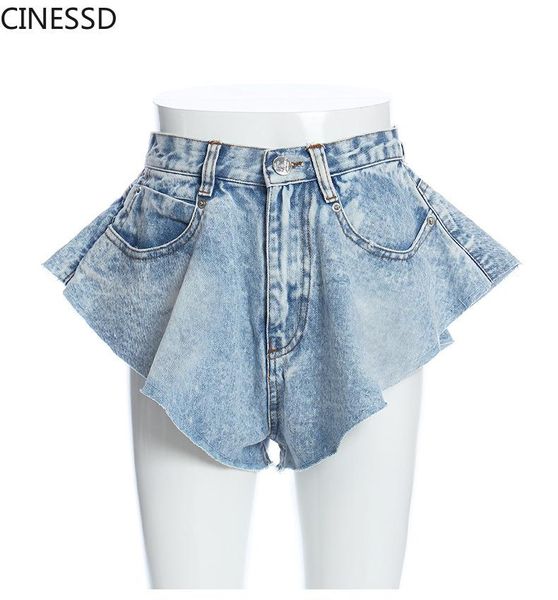 

women's jeans 2021 spring and summer european station modeling ruffled hem big wide leg denim shorts pants fake skirt, Blue