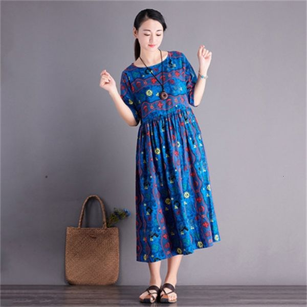 

summer new art retro cotton and linen loose printing dress 6c4e, Black;gray