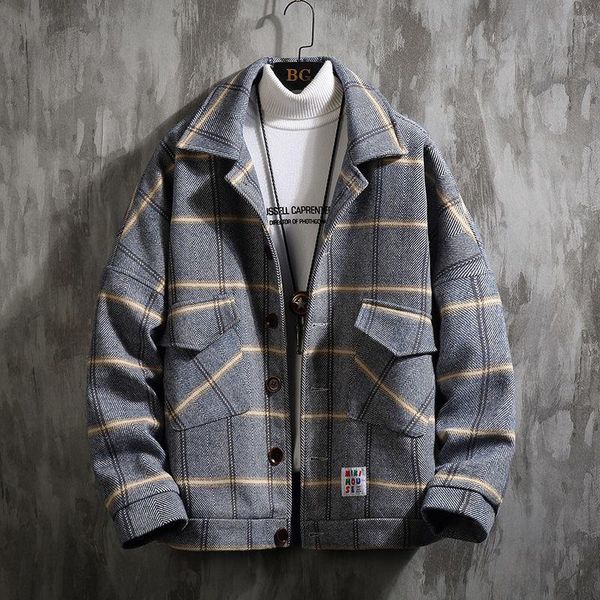 

men's jackets couples dress autumn grid lines plaid wool coat korean trend loose woolen jacket ruffian handsome versatile clothes, Black;brown