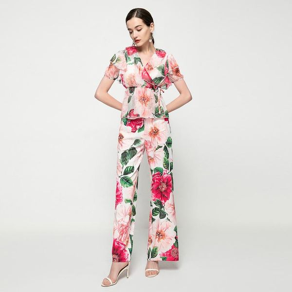 

women's tracksuits summer sets holiday party chiffon v-neck blouse and casual trousers flower print fashion two-piece suit, Gray