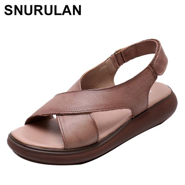 

sandals snurulanfashion summer vintage genuine leather platform for women 2021 hook and loop cross strap flat woman, Black
