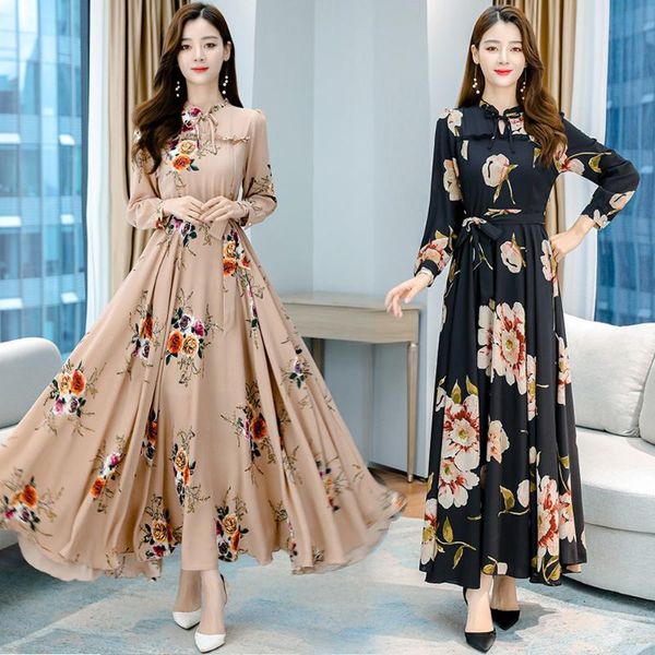 

casual dresses woman summer dress with belt 2021 floral print beach elegant long sleeve a line sash party retro max h62, Black;gray