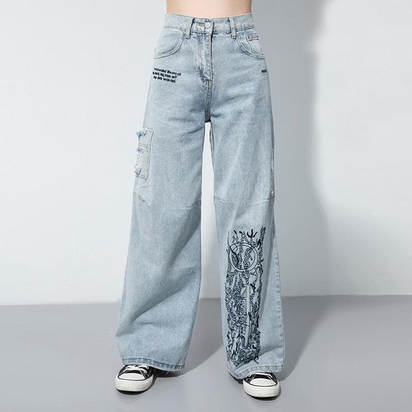 

women's jeans long straight women loose wide leg pants embroidery trendy slouchy denim trousers boyfriends palazzo fashion street 2021, Blue