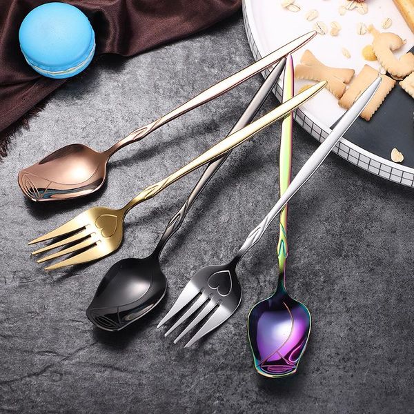 

spoons 2pc rose flower spoon and fork set gold desert cake fruit salad stainless steel coffee teaspoon honey dinnerware