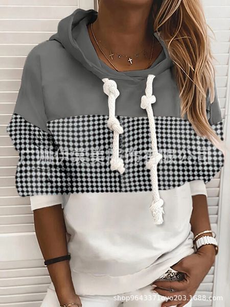 

2021 casual color contrast print hooded women's sweater, Black