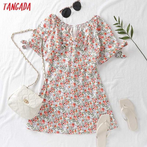 

tangada summer women red flowers print french style short dress bow short sleeve ladies sundress sy293 210609, Black;gray