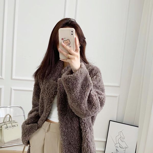 

women's fur & faux women 2021 winter fashion long sleeve solid coats female sheep shearing outwear ladies short real lamb warm jackets, Black