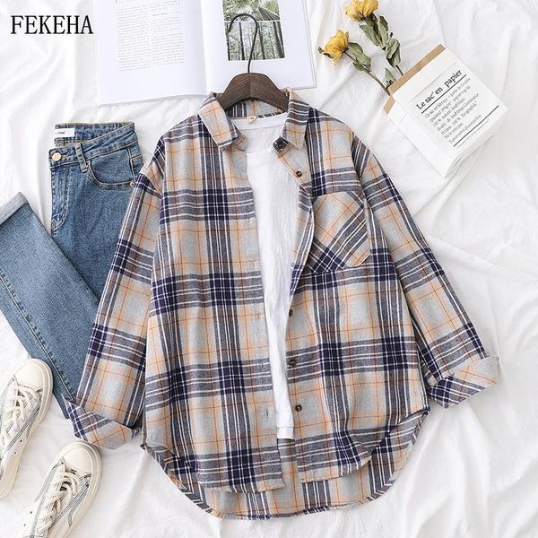 

loose plaid shirts womens vintage blouses long sleeve checked college style autumn news female clothes outwear, White
