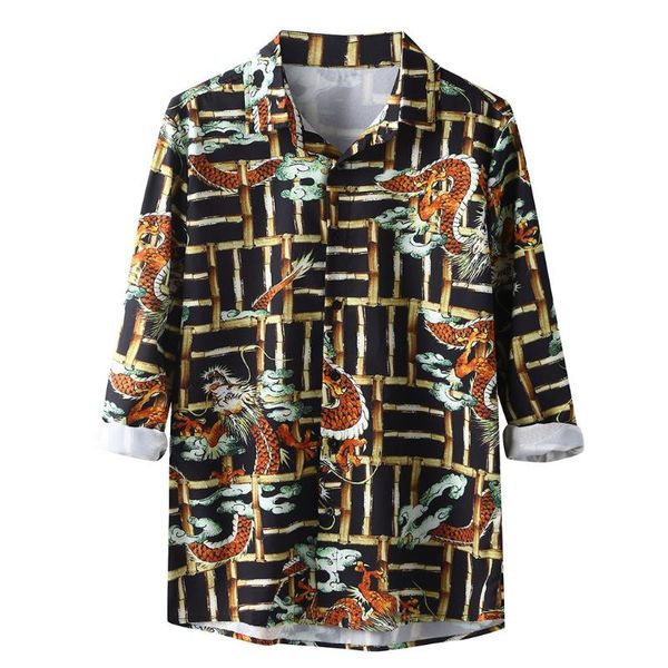 

men social shirts dragon geometric print bussinessman casual shirts long sleeve turn down collar camisas plus size hawaiian top, White;black