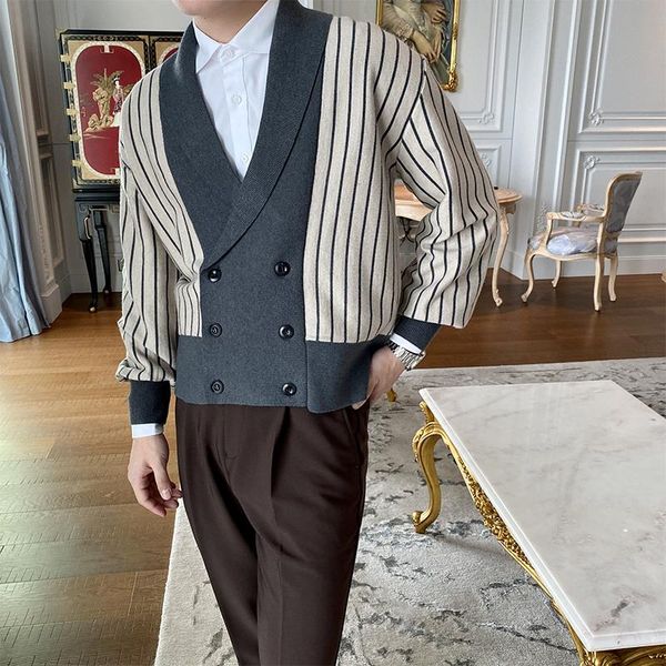 

men's sweaters 2022 autumn winter thick knitted cardigan fashion striped long coats double breasted casual male jackets k71, White;black