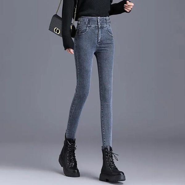 

women's pants & capris skinny button high waisted denim pencil women korean fashion stretch jeans bulifting trousers streetwear female, Black;white