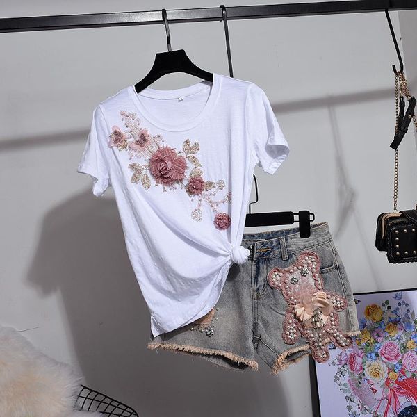 

women's tracksuits denim shorts pants suits summer 2021 woman v flowers embroidered with sequins short sleeved t-shirt + suit sets, Gray