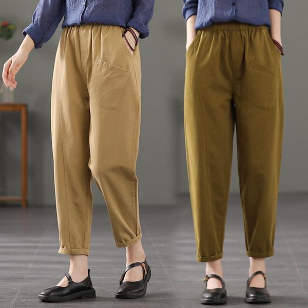 

women's pants & capris pure color stitching big yards dress slacks fat mm elastic waist haroun turnip nine points linen trousers, Black;white