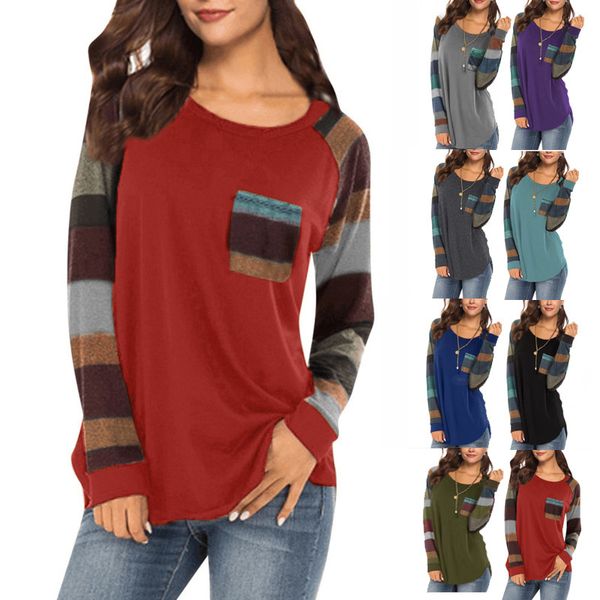 

autumn new casual long sve round neck loose pocket stitching color contrast large women's t-shirt, White