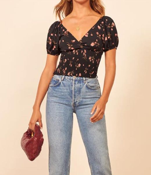 

summer cross v neck women short sleeve shirt france style retro elastic ruched rose print slim fit cropped blouse, White