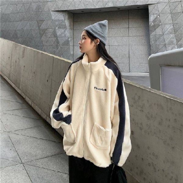 

harajuku oversized sweatshirt korean version 2021 new lamb fluff sports wind loose stand-up collar baseball uniform jacket women, Black;brown