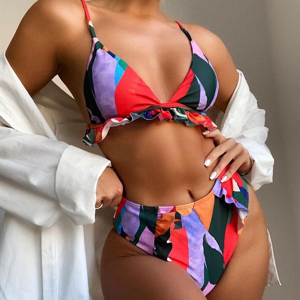 

women's swimwear bikini 2021 multicolor patchwork ruffle swimsuit women bikinis set bathing suit beach female mujer, White;black