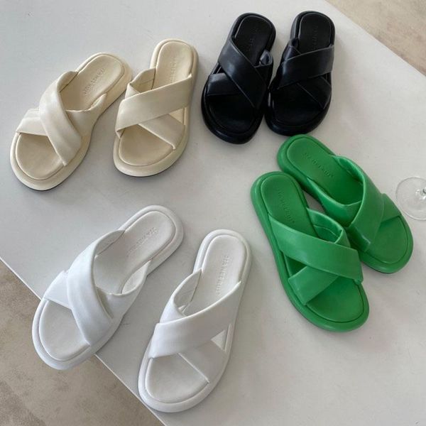 

slippers brand design cross-tied solid platform chunky female sandals women 2021 summer beach slides shoes outdoor ladies, Black