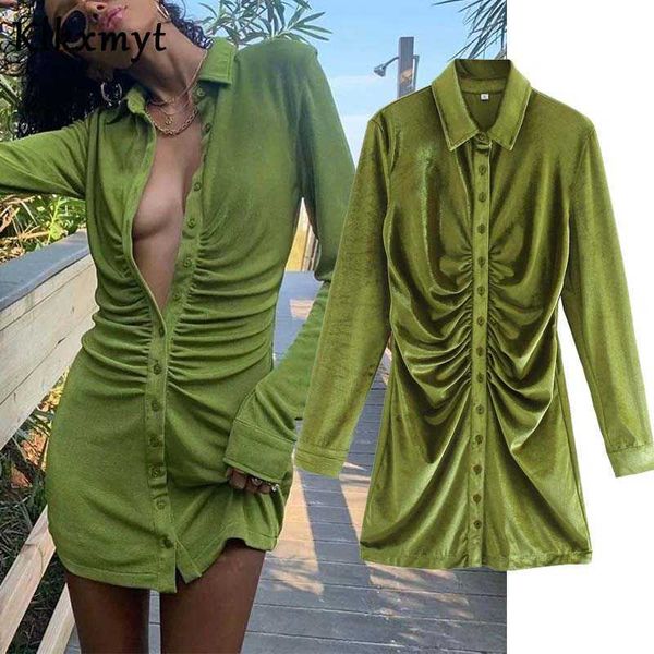 

klkxmyt za dress women autumn chic fashion velvet folds vintage long sleeve button-up mini dresses female vestidos mujer 210527, Black;gray