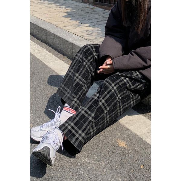 

quality [daihe] new korean style of autumn and winter 2021 high waist plaid casual pants, Black;white