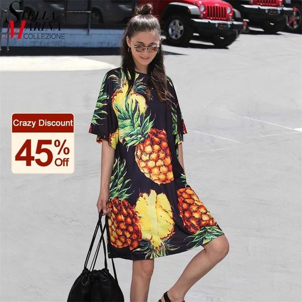 

korean style summer women pineapple printing casual beach dress plus size black pink sundress cute midi dress vestidos 2163 210309, Black;gray