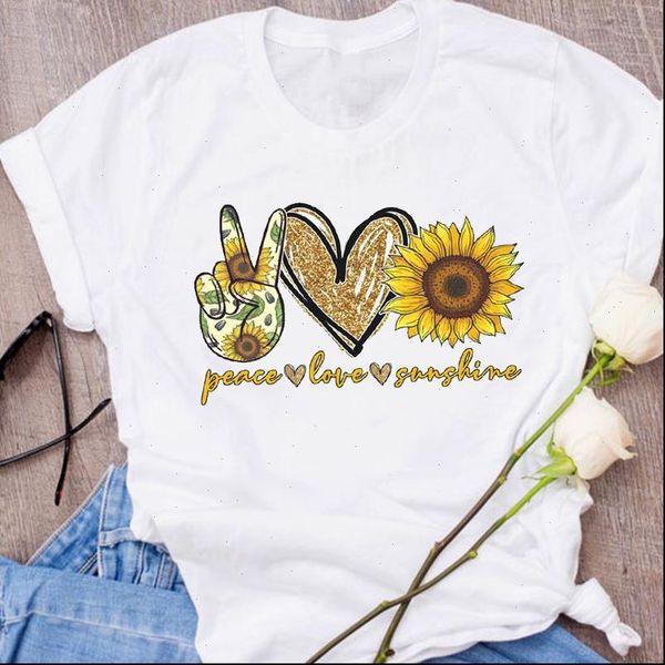 

women graphic sunflower love heart short sleeve cute print clothing 90s lady tees female t shirt womens t shirt, White