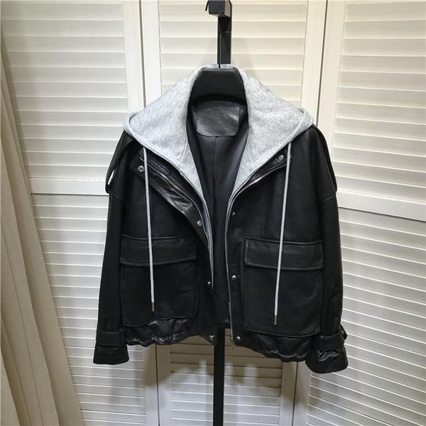 

women's leather & faux korean style brand design loose hooded jackets genuine short coat b637, Black