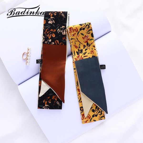 

scarves badinka 2021 designer long skinny floral scarf bandana women fashion silk hair wrap headband for ladies accessories, Blue;gray