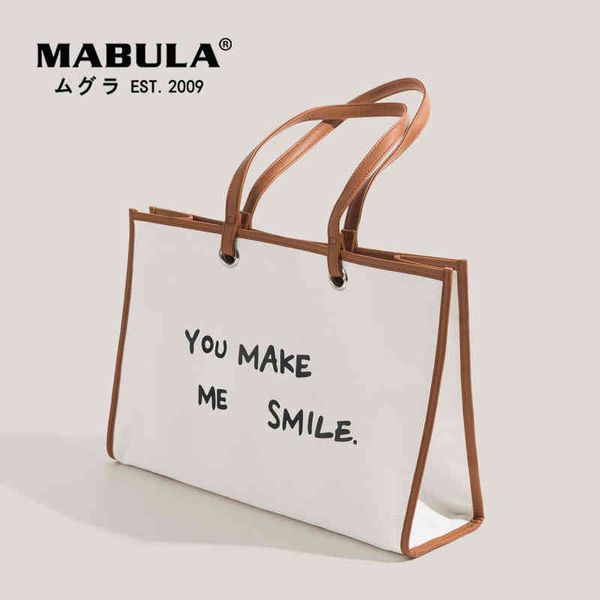Einkaufstaschen Mabula Sie machen mich zum Lächeln Großer Kapazität Top Griff Shopper mit Leder Eco Canvas Handtaschen für Sommer Beach Travel 220303