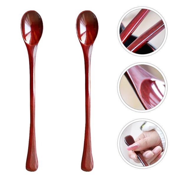 

spoons 2pcs wooden japanese style spoon long handle coffee mixing (red)