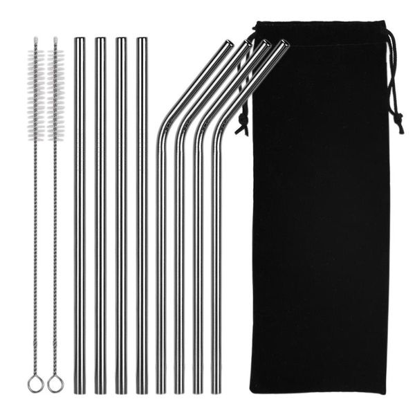 

drinking straws 8pcs reusable 304 stainless steel metal straw with cleaner brush for mugs sturdy bar bent straight drinks