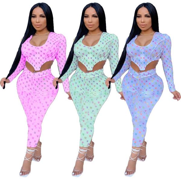

women's two piece pants chaxiaohei 2021 european and american urban fashion leisure printing three color wear two-piece set, White