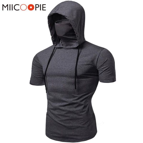 

men's t-shirts fashion short-sleeved mask hooded t shirt men casual elastic solid fitness tshirt hip hop slim fit male t-shirt streetwe, White;black