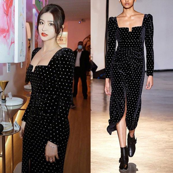 

banulin women diamond velvet runway dress autumn & winter famale long sleeve square collar vintage bodycon party dress, Black;gray
