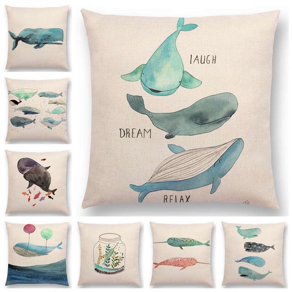 

fashion nordic style whale cushion cover ocean whales home pillow case linen cotton pillows covers