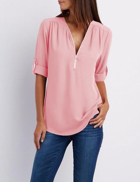 

women chiffon shirt fashion v-neck zipper pink white blouse 17 colors for female work wear blusas plus size s-5xl ns4334