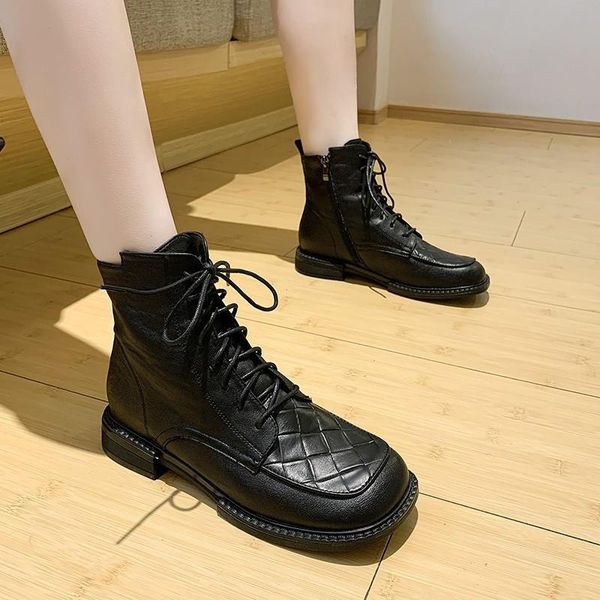 

boots thick-soled women's british style single square toe motorcycle short platform shoes, Black
