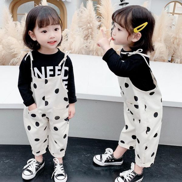 

clothing sets wholesale children drop little girl spring autumn dot shirt + overalls mono 2 pcs/sets, White