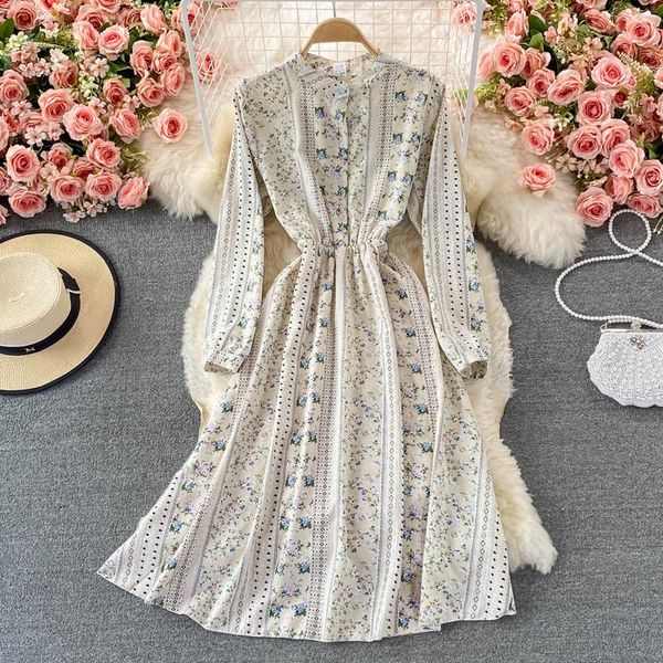 

casual dresses uulutonica autumn women elegant fashion a-line print button mid-calf empire stand chiffon dress, Black;gray