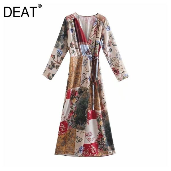 

[deat] fashion spring autumn loose printing long sleeve high waist v-neck elegant midi dress women 13c191 210527, Black;gray