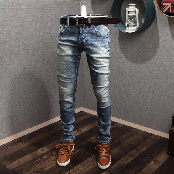 

men's jeans european and american mid-waist elastic slim fit four seasons retro distressed straight trousers, Blue
