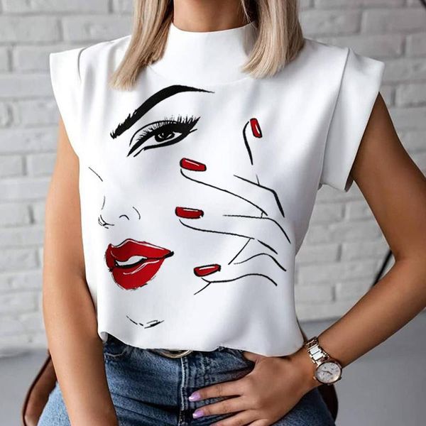 

women's blouses & shirts fashion women elegant lips print and blouse 2021 summer ladies office casual stand neck pullovers eye blusa, White
