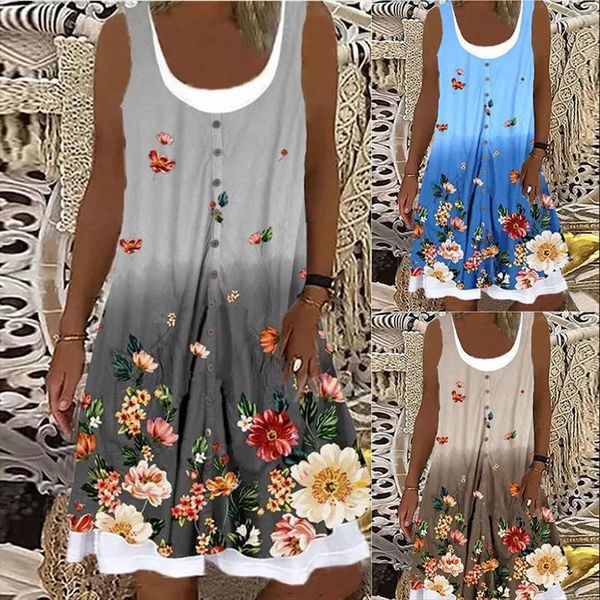 

summer printed sleeveless womens dress round neck casual fashion slim fit plus size loose ladies mini, Black;gray