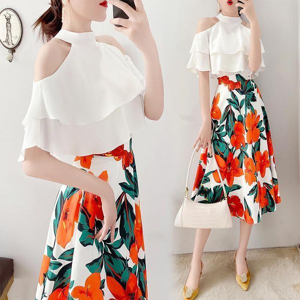 

women 2021 summer new retro elegant 2 set female off shoulder shirt + a-line floral skirts suit two piece sets a849jwwo, Black;gray