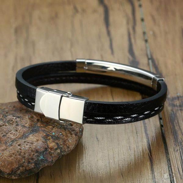 

link, chain leather bracelets for men punk rock bangles bracelet simple retro woven jewelry accessories, Black