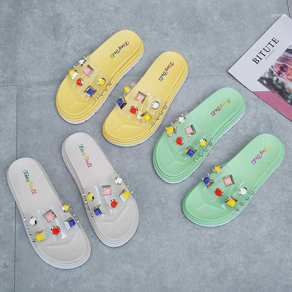 

slippers women fashion transpare jelly shoes woman platform comfortable beach slides drop summer colorful rivet flat slippers11, Black