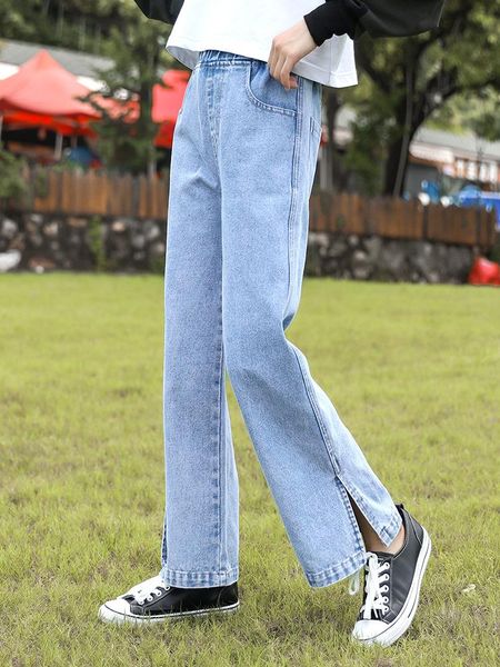 

girls high waist jeans leisure wide leg pants fashion straight denim pants fall 2021 spring new clothes girls 6 8 10 12 14 years, Blue
