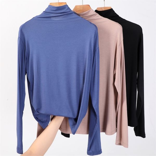 

100% cotton long sleeve solid turtleneck t-shirt women high stretch slim spring autumn skinny basic bottoming tshirt tight 210720, White