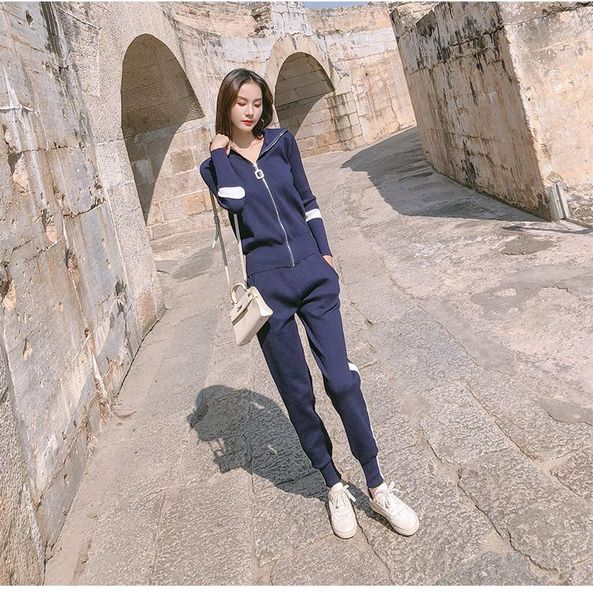 

women's two piece pants women 's knitting tracksuits turtleneck zipper knit jacket coat and pocket pencil set sweater sets for wom, White